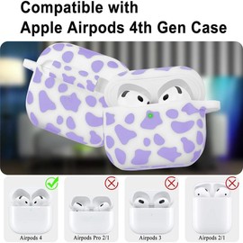 Cow AirPods 4 Case 2024,  Case Cover with Cleaner Kit for  Airpods 4th Generation Floral Print Soft Flexible Cover for Air Pod 4th Women Girls,  with  - Lavender Cow - Color: Cow Lavender