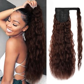 Corn Wave Ponytail Extension Wrap Around 26 Inches Long Curly Wavy Pony Tail Extension Synthetic Brown Ponytails Hairpiece for Women Girls (26 Inches, 4 Medium Brown)