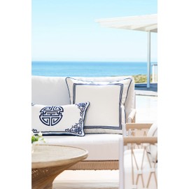 Hofdeco Premium Coastal Hampton Style Patio Indoor Outdoor Lumbar Pillow Cover Only, 12"x20" Water Resistant for Backyard, Couch, Navy Blue Embroidered Longevity Symbol