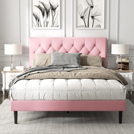 HAOARA Queen Size Platform Bed Frame with Upholstered Button Tufted Headboard, Mattress Foundation with Wooden Slat Support, Noise Free, No Box Spring Needed, Easy Assembly, Pink Velvet