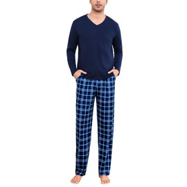 Bresdk Men's Long Cotton Pyjamas Winter V Neck Leisure Suit Long Sleeve, Navy/Blue