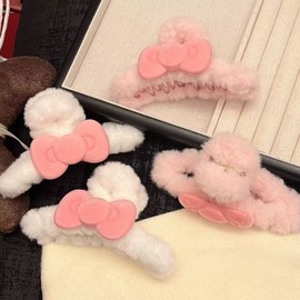 Cute Pink Butterfly Claw Clip - Girly Heart Hair Accessory for Autumn/Winter Free Size / 2 White 11cm Single-Sided Plush Grip 20ea