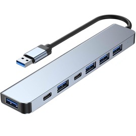USB 3.0 Hub Splitter, 7 in 1 Aluminum USB Extender with Power Port, USBA to USB C Adapter for PC Laptop