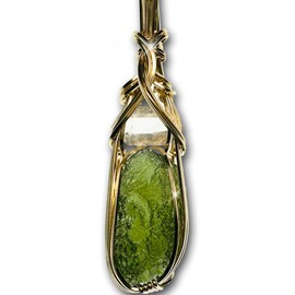 Rocks2Rings Genuine Moldavite Crystal - Large Herkimer Diamond Necklace Pendant - VERY high vibration Czech Republic Tektite Healing Stone Reiki S61 (Gold Filled, 1.8 gram moldavite, S)