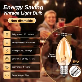 C7 LED Night Light Bulbs, 0.5W E12 Candelabra Base Candle Light Bulb Equivalent 5W/7W Incandescent Bulb Warm White 2200K , Mini Light Bulbs for Chandelier Nightlight Salt Lamp Window Bulbs, 6-Pack