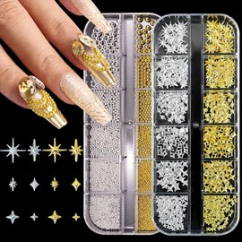 DANNEASY 2 Boxes 3D Nail Charms, Gold and Silver Star-Shaped & Nail Beads Charms for Nails Design Metal Nail Rhinestones Gems Jewelry Studs for Manicure Decoration with Pickup Pen, Tweezers
