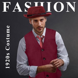 PLULON 16 Pieces 1920s Mens Costume Gatsby Gangster Vest Roaring 20s Men's Accessories Set Clothing Outfit with Fedora Hat Suspender Bow Tie Vintage Glasses Beard for Men