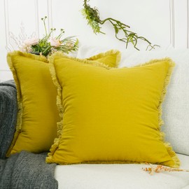 YOUR SMILE - Juego de 2 fundas de cojín de chenilla suave teñidas con bordes de flecos de algodón, para sofá, hogar, decoración de granja, 18 x 18 pulgadas, color amarillo