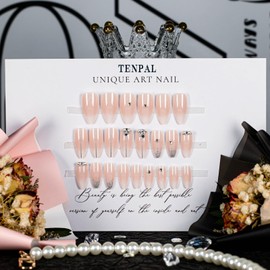 TENPAL Stiletto Almond Press on Nails Opalescent Gradient Glitter Nude Fake Nails Glossy Stick on Acrylic Nails Natural White Ombre Glue on False Nails For Women Girls 24pcs/Box