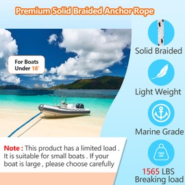 3/8 Inch 50 FT Anchor Rope, Boat Anchor Rope Solid Braid MFP, Anchor Line with 316 Stainless Steel Thimble and Snap Hook - Blue & Yellow