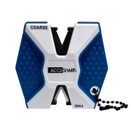 AccuSharp Pull Through Knife Sharpener Keychain, 2-Stage Knife Sharpener for Kitchen Knives, Straight or Serrated, Outdoor Handheld Knife Sharpener for Fishing & Hunting, White/Blue