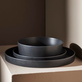 Stone by Mercer Project MODAN 12-Piece Stoneware Dinnerware Set, Plates and Bowls Sets, Dish Set for 4, Charcoal