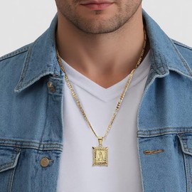 HITCH REAP 14k Gold Plated Stainless Steel Initial Letter Pendant Necklace for Men Womens,Square Capital Monogram Necklace Alhpabets Figaro Chain Necklace Gold N