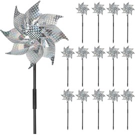 Serlvan 15 Pack Reflective Pinwheels with Stakes, 18.5" Plastic Bird Blinder Sparkly Pin Wheel Scare Birds and Animals Away Spinner Pinwheels for Lawn Yard Garden Farm