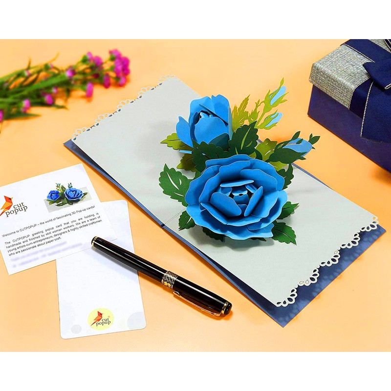 CUTPOPUP Blue Roses Pop Up Card, Mother's Day Card, Pop