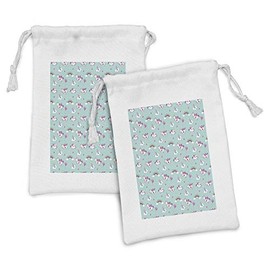 Ambesonne Unicorn Party Fabric Pouch Set of 2, Cartoon Characters with Horns and Wings Cupcakes Hearts and Balloons, Small Drawstring Bag for Toiletries Masks and Favors, 9" x 6", Multicolor