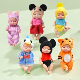 SQAQS Pack of 6 Mini Reborn Dolls with Cute Animal Clothes, 4.3 Inch Baby Doll for Girls, Toddlers and Children, Newborn Reborn Baby, Mini Baby Doll, Realistic Baby Doll, Washable (Animation)