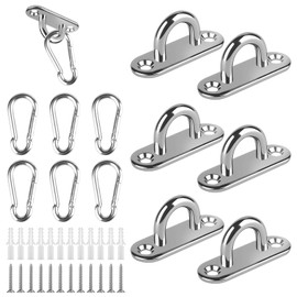Pack of 12 Awning Fixing Set 6 x Carabiner Hooks and 6 x Eye Plate Stainless Steel Ceiling Hooks Heavy Duty M5-80 kg Eye Plate with Eyelet Bracket Cover Plate Mounting Hooks for Sun Sail Ship Deck