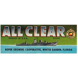CRATE LABEL VINTAGE FLORIDA 1940S NAVY ALL CLEAR WWII DESTROYER WINTER GARDEN