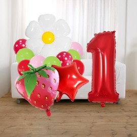 Strawberry Balloons Number 1 Balloons Polka-dot Latex Balloons for Girl Fruit 1st Birthday Party Decoration Supplie,Berry 1st Party Decor,White Daisy Latex Mylar Red Number 1 Balloons Decor for Girls