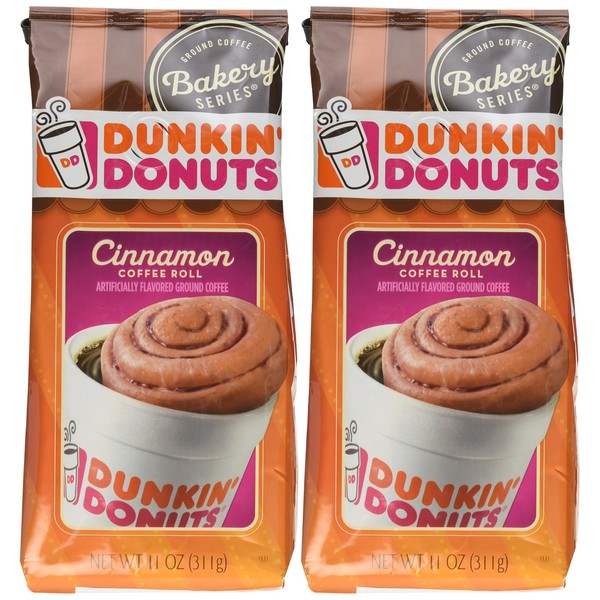 Dunkin' Donuts Bakery Series, Cinnamon Coffee Roll Ground Coffee - 11 Ounce Bags Pack Of 2