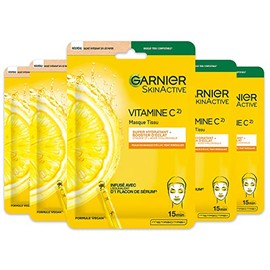 GARNIER Skin Active - Set of 5 Fabric Masks for Shine - Brightens, Moisturises & Cushions Skin - Vitamin C and Hyaluronic Acid - Vegan & Cruelty Free - Dark Skin - Pack of 5