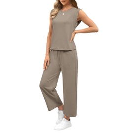 SAMPEEL 2 Piece Set for Women Summer Outfits 2025 Vacation Travel Lounge Sets Business Casual Airpot Matching Clothing Going Out Sweat Set Coffee XL