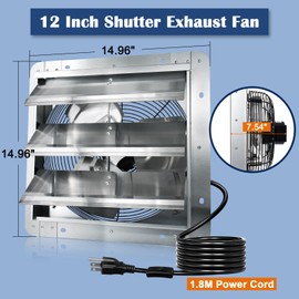 Hiorucet 12 Inch Wall Mounted Shutter Exhaust Fan with 1.8m Power Cord, 1030CFM High Speed Low Noise Aluminum Louvered Exhaust Fan for Greenhouse, Garage, Shop, Attics, Chicken Coop Ventilation Fan.