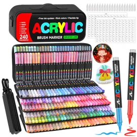 240 Colors Acrylic Paint Markers with Automatic Ink Control System, Soft Brush Tip Acrylic Markers for Paper, Rock, Wood, Canvas, Glass and Ceramic Art Supplies, Paint Pens & Paint Markers with Bag