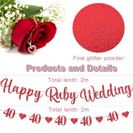 40th Happy Ruby Wedding Banner - Set of 2 Glitter Ruby Wedding Anniversary Decorations, Happy Anniversary Banner, 40th Anniversary with Red Heart Bunting for Party Decorations