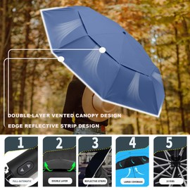 MRTLLOA 42/49 Inch Large Windproof Travel Umbrella, Double Canopy Vented Waterproof Compact Folding Golf Umbrellas for Rain(49 Inch, Dark Blue)