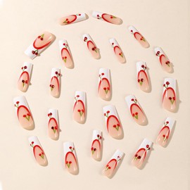 Press on Nails Long Coffin Fake Nails White French Tip False Nails with Designs 3D Cherry Glue on Nails Bling Rhinestone Ballerina Nail Tips Holiday Glossy Artificial Stick on Nails for Women 24 Pcs
