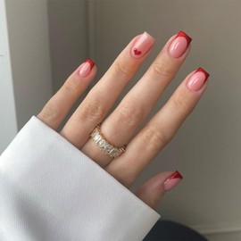 French Tip Press on Nails Red Heart Fake Nails Short Square False Nails with Design Glossy Glue on Nails Acrylic Nails Full Cover Stick on Nails for Women Nails Decoration