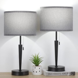 GGOYING Set of 2 Bedside Lamp, Pull Chain Big Table Lamps with USB C+A Charging Ports,5000K LED Bulbs,Grey Lampshade for Livingroom,Bedroom,Nightstand