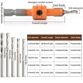 TMBMLPP 5pcs Quick Change 6.35mm Adjustable Hex Countersink Drill Bit Set, includs 5 Woodworking Countersink Bits and5 Replaceable Bits & 5 Wrenches, for Wood - 2.8-4mm Tapered Drill Bit (Hexagonal)