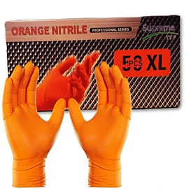 Supreme TTF Extra Strong 8.0 mil Thickness Orange HD Nitrile Powder Free & Latex Free Diamond Grip Gloves Box of 50 Gloves (Orange, Medium (Size 8))
