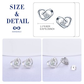INFINIONLY Women's girl's Heart Earrings Studs, 925 sterling silver earring stud, Heart zircon earrings studs, Elegant solitaire earrings, Perfect cutting process, Silver