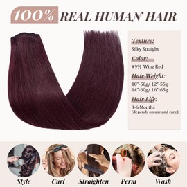 TESSHAIR 10 Inch Clip In Hair Extensions Real Human Hair, Double Weft 100% Remy Human Hair Clip on Extensions for Women, 8 Pcs 18 Clips Per Set (#99J Wine Red)