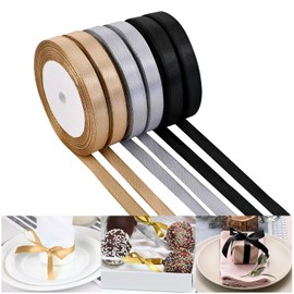 NACHLYNN 150 Yards Gold, Silver Satin Ribbon 3/8 inch Wide Polyester Fabric Ribbon Use for Gift Wrap Wedding Bridal Baby Shower Bows Graduation Decor