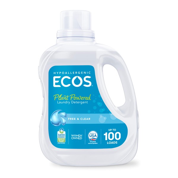 ECOS Laundry Detergent Liquid, 100 Loads - Dermatologist Tested Laundry Soap - Hypoallergenic, EPA Safer Choice Certified, Plant-Powered - Free & Clear, 100 Fl Oz