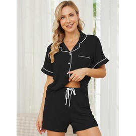 FENNAT Pajama Sets for Women 2 Piece Soft Button Down Pj Sets Sleepwear Short Sleeve Loungewear Shorts with Two Pockets,Black,X-Large