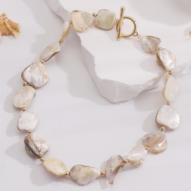 BERYOHZ Boho Natural Irregular Shell Necklace - Gold CCB Bead Vacation Jewelry with OT Clasp(BN-0077-Beige)