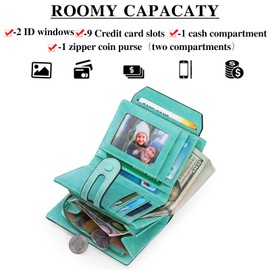 GOIACII Small Wallet Women Rfid Blocking Genuine Leather Compact Bifold Card Holder for Women with Zipper Coin Pocket 2 ID Windows