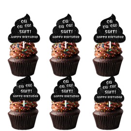 18pcs Black Glitter Poop Dessert Cupcake Topper Pick for Funny Oh Theme Decor Supplies Men Women Happy Birthday Party Decoration