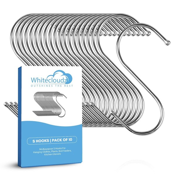 S Hooks for Hanging Clothes (10 Pack), Stainless Steel S