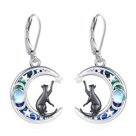 LOOVE Moon Earrings Black Cat Earrings for Women 925 Sterling Silver Cute Animal Dangle Earrings Crescent Moon Cat Drop Earrings Moonstone Jewelry Abalone Leverback Earrings Gifts