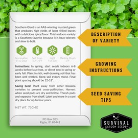Southern Giant Mustard Green Seeds for Planting – Heirloom Non-GMO Spicy Greens, Heat Tolerant and Slow to Bolt for Home Vegetable Gardens - Survival Garden Seeds (1 Pack)