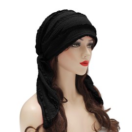 ZLYC Chemo Headwear Pre Tied Head Scarf Headwraps Lightweight Turban Beanie Cap for Women, Ruffle Black