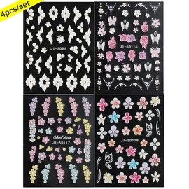 Nail Art Stickers Flower, 4 Stück Nagel Aufkleber Blume, Nagelsticker Selbstklebend 5D, Nagelsticker Set Sommer, Nailart Sticker Blumen Bunt für DIY Nagel, Nailart Design, Nageldekorationen (B)