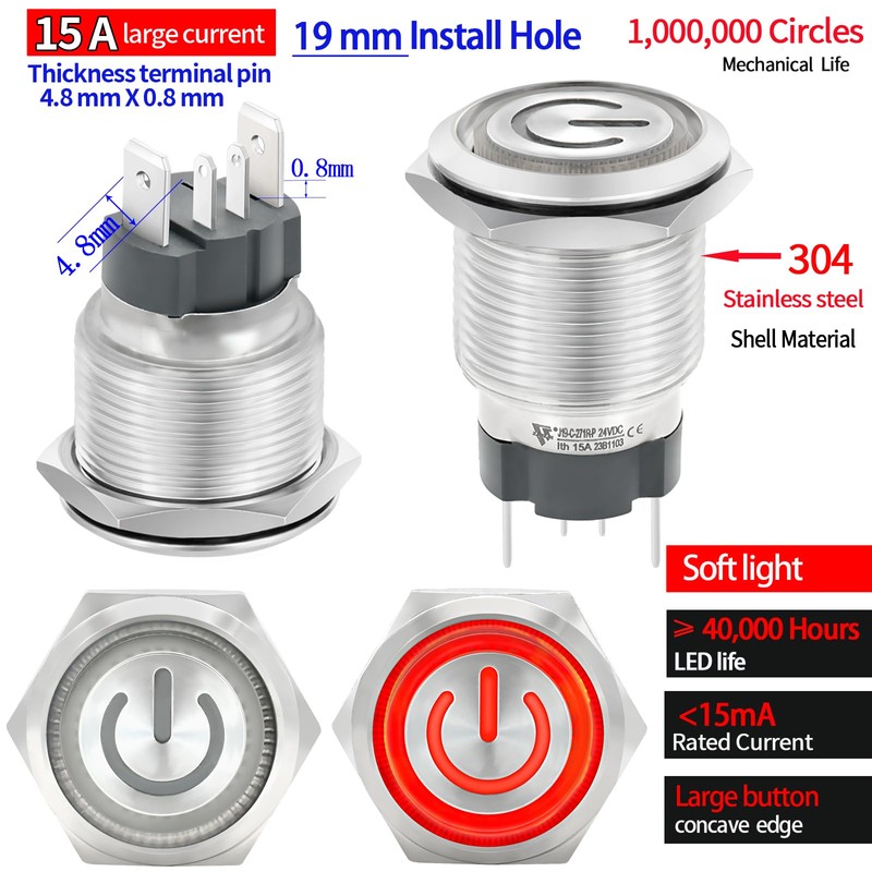 UL Listed 15Amp 19mm 3/4'' Latching Push Button Switch Red
